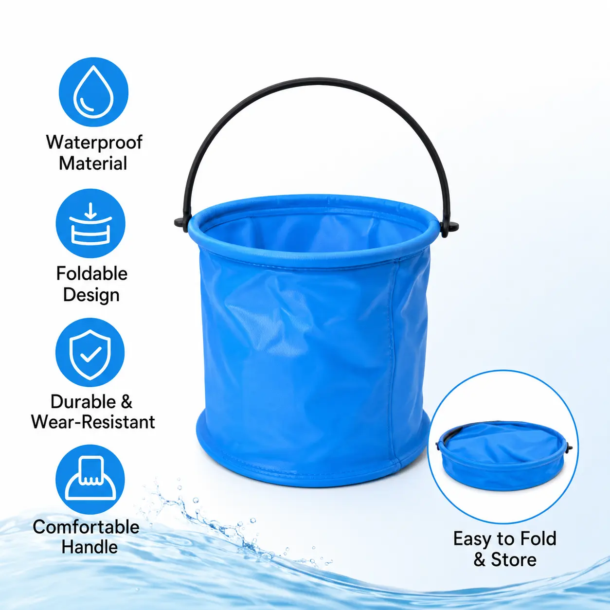 1 Piece Foldable Collapsible Water Bucket, Portable Pail with Handle for Outdoor Fishing Camping and Water Carrying