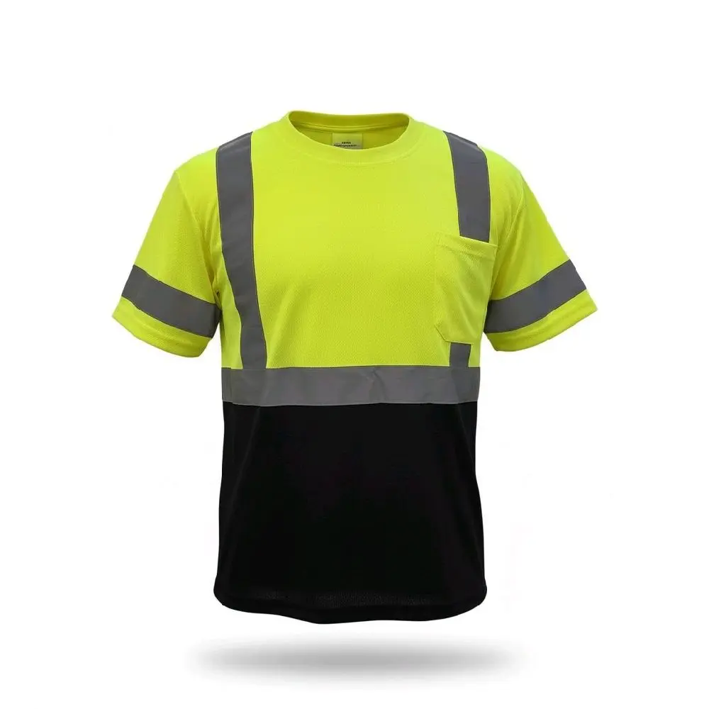 Yellow-Black Short-Sleeve Multicolor Striped Safety Light Workwear T-Shirt - Durable Vibrant Fabric, Reflective Strips, Visibility Boost Construction Safety Gear, Protection, Bold Black Accents, 1 Pocket