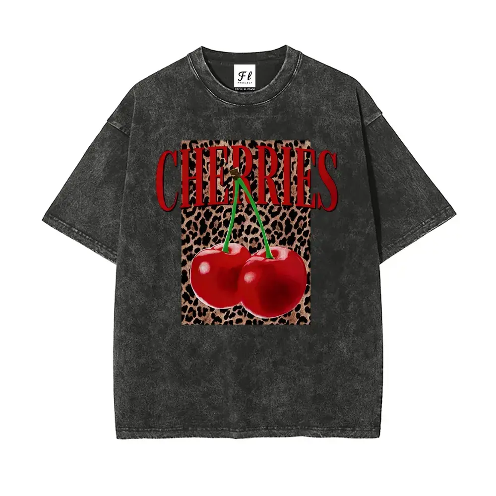 Vintage Washed Graphic Tee - Retro Leopard Print Cherries Oversized T-Shirt for Women. Acid Wash Y2K Aesthetic Streetwear Casual Top. Trendy Grunge Festival Shirt, Short Sleeve Cotton Blend Boyfriend Tee for Everyday Wear, Edgy Cute Graphic Shirts.