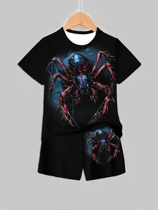Boys' Summer Spider-Man Costume Set, & Block Design, Short Sleeve Top + Shorts Two-Piece, Trendy Kids Clothing