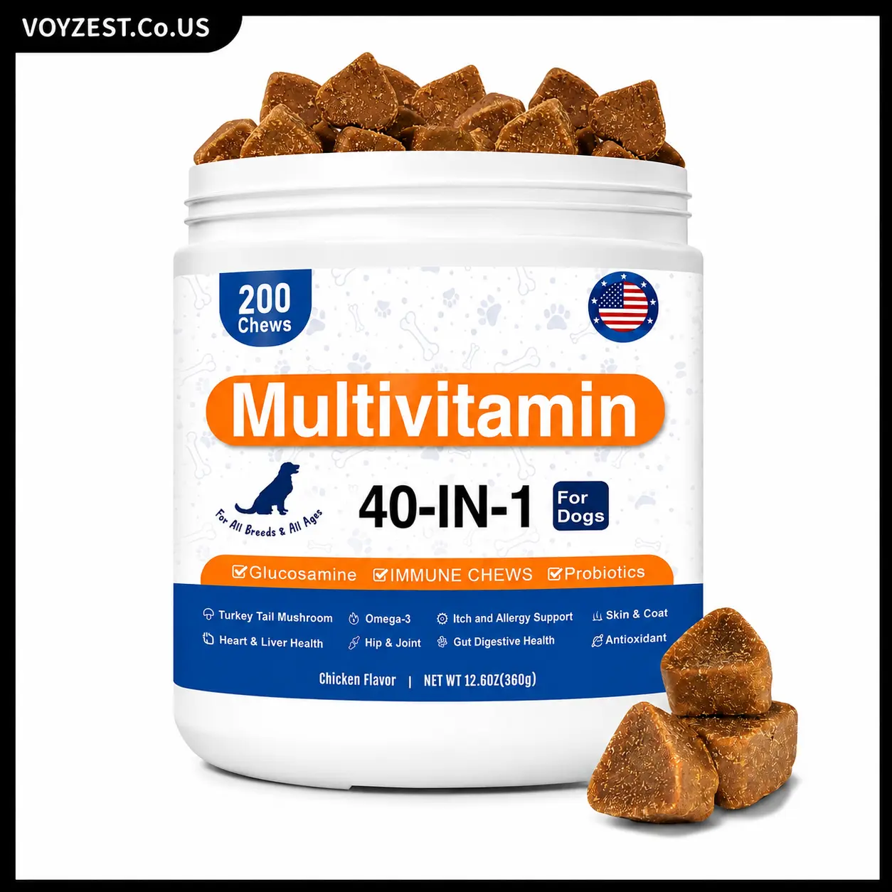 40-IN-1 Dog Multivitamin Soft Chew Treats - Supports Immune Health, Itchy Skin Relief, and Omega-3 Intake with Probiotics for all dogs