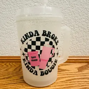 Kinda broke Kinda Bougie 34oz Trucker Mug - Perfect for Your Morning Drinks - Drinkware, Cup Reusable Tumbler Washable Coffee Beverage Lid Stylish