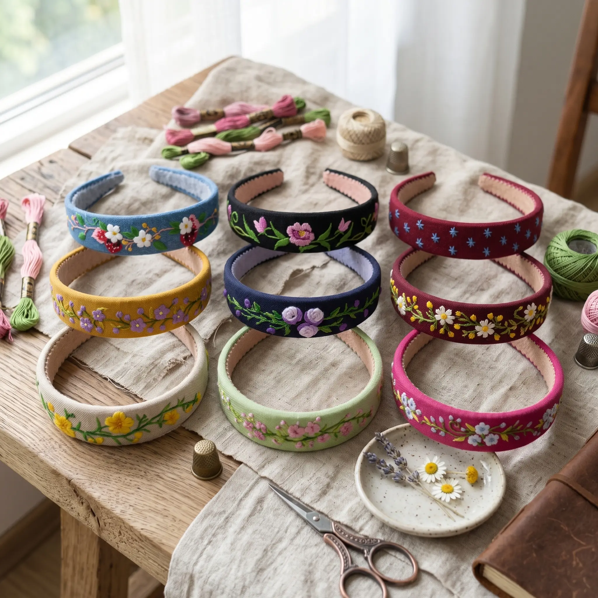 Hand Embroidered Floral Headband for Women, Handmade Padded Wide Hair Band, Boho Flower Headband, Cute Hair Accessory