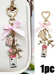 Elegant Bow Travel Keychain Pendant with Airplane, Eiffel Tower and Luggage Charms, Unique Travel Themed Keyring for Passports and Boarding Passes, Hearts