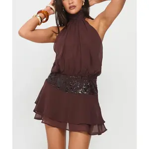 Women's Halter Neck Backless Dress Elegant Sleeveless Sequin Waistband Decorated Layered Dress for Cocktail Evening Wear