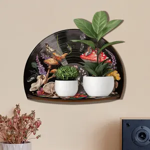 1pc Wooden Vinyl Record Wall Decor, Mushroom Floral Cottagecore Album Posters Wall Storage Shelf, Wall Mount Design, Aesthetic Records Wall Decor for Bedroom Living Room, Nature Lover Gift, Vintage Record Decor Home Decoration