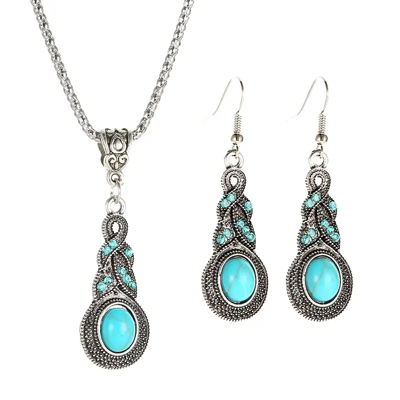 1 Set Vintage Retro Red/Blue Artificial Turquoise Dangle Earrings Necklace Set With Rhinestone Jewelry Boho Party Set