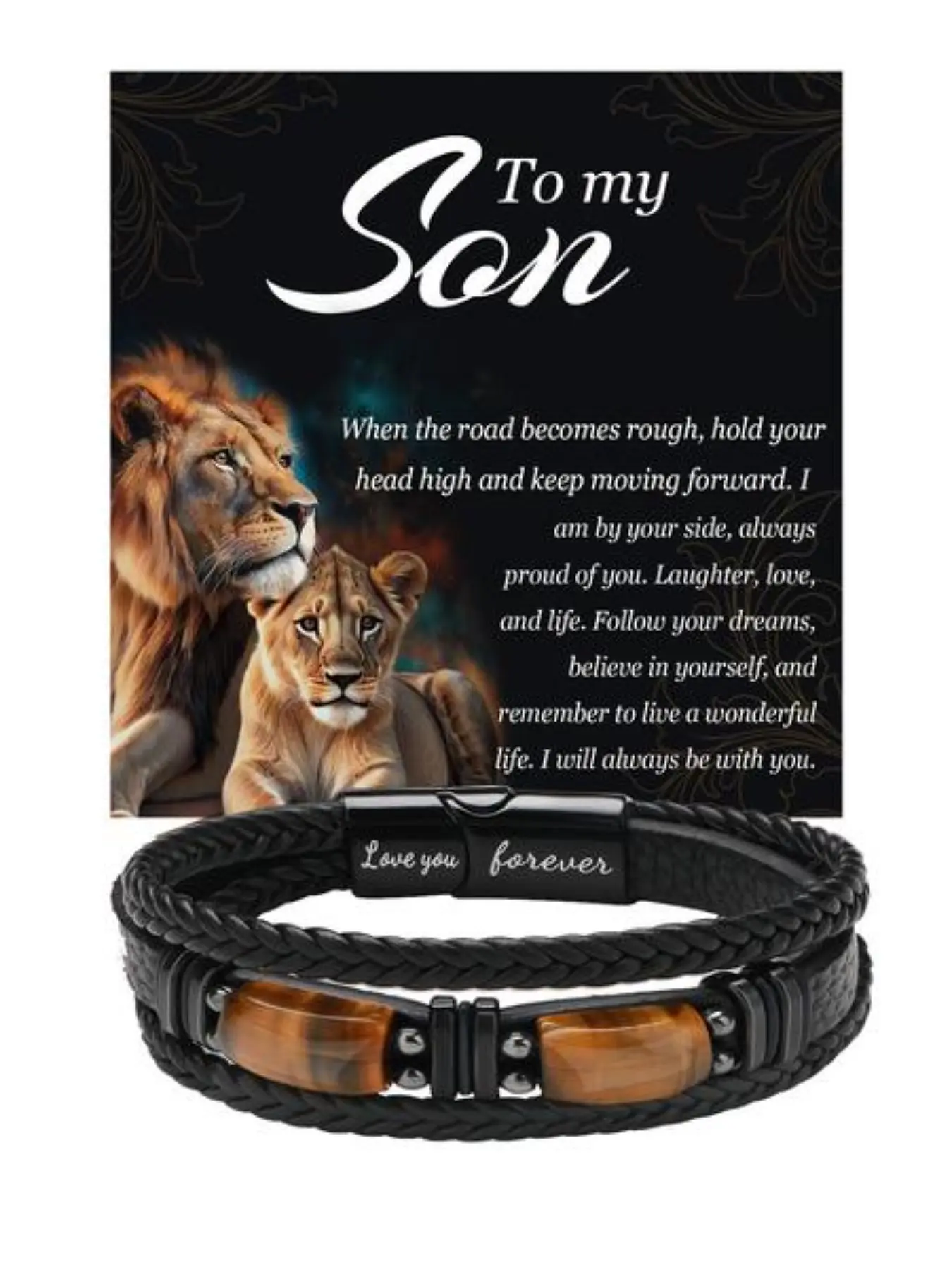 Bracelet for son, Lucky bracelet, love and encouragement with two tiger eye stones, Men's leather tiger eye stone bracelet and lion encouragement card, meaningful Gift for Father's Day and anniversary