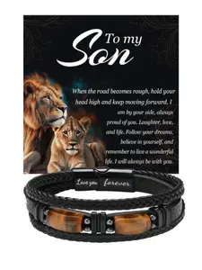 Bracelet for son - love and encouragement with two tiger eye stones to symbolize prosperity and abundance. Men's leather tiger eye stone bracelet + lion encouragement card, Charm bracelet for dad and son. meaningful Gift for Father's Day and anniversa