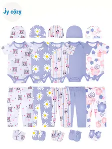 JY.COZY FOR BABY Girl Clothes Purple Onesie Cotton Bodysuits Sets 20 Pieces 5 Short-Sleeve Rompers 5 Pants 5 Hats 5 Gloves Casual Pajama New Born Clothes Comfort Infant Outfit Essentials