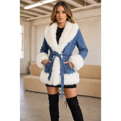 Mia Denim Faux Fur Trim Belted Coat – Blue