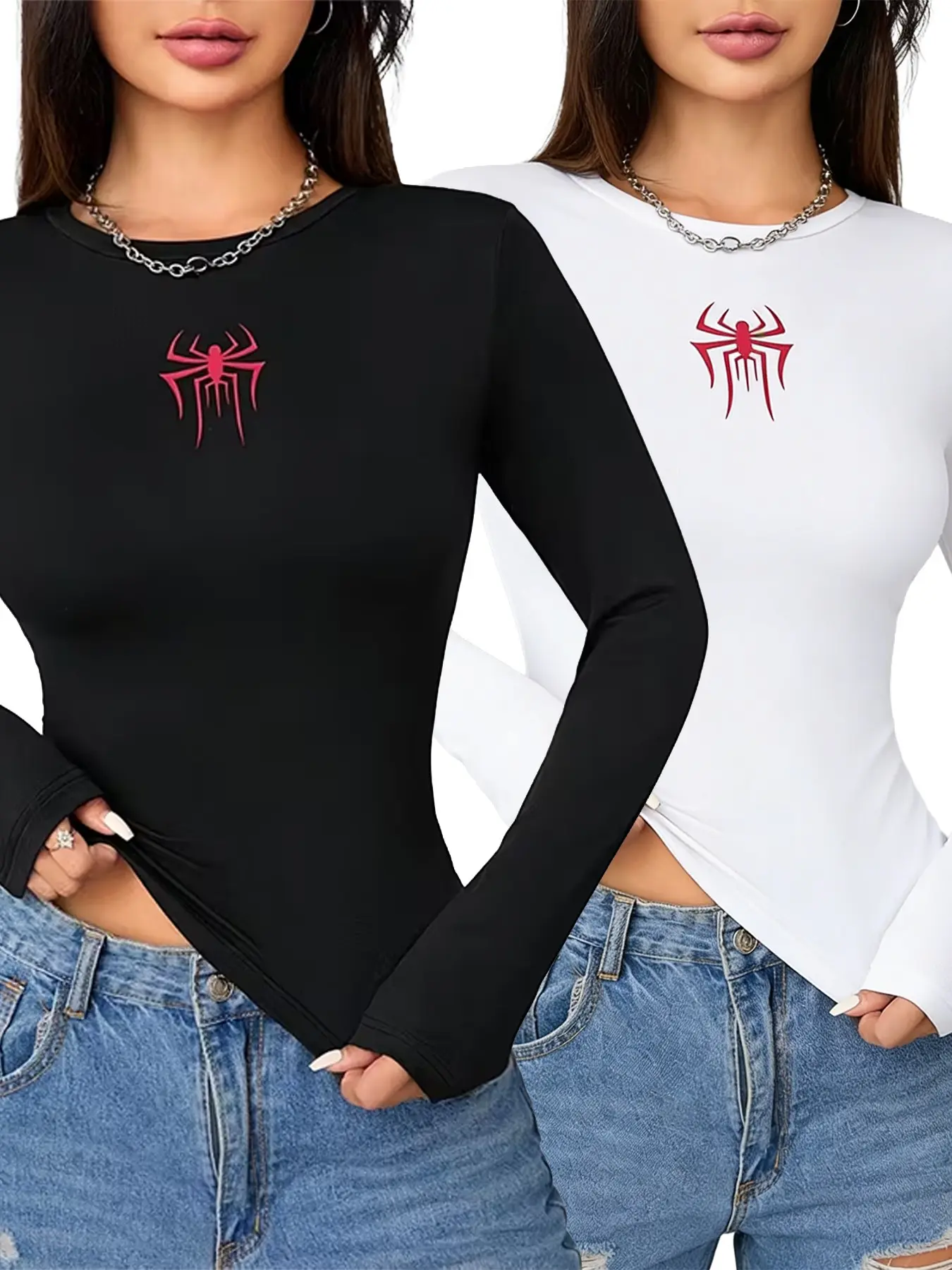 Spider Print Fitted Long Sleeve T-Shirt, Y2K Style Women's Casual Top, Round Neck, & Set, Streetwear, Concerts, Daily Wear