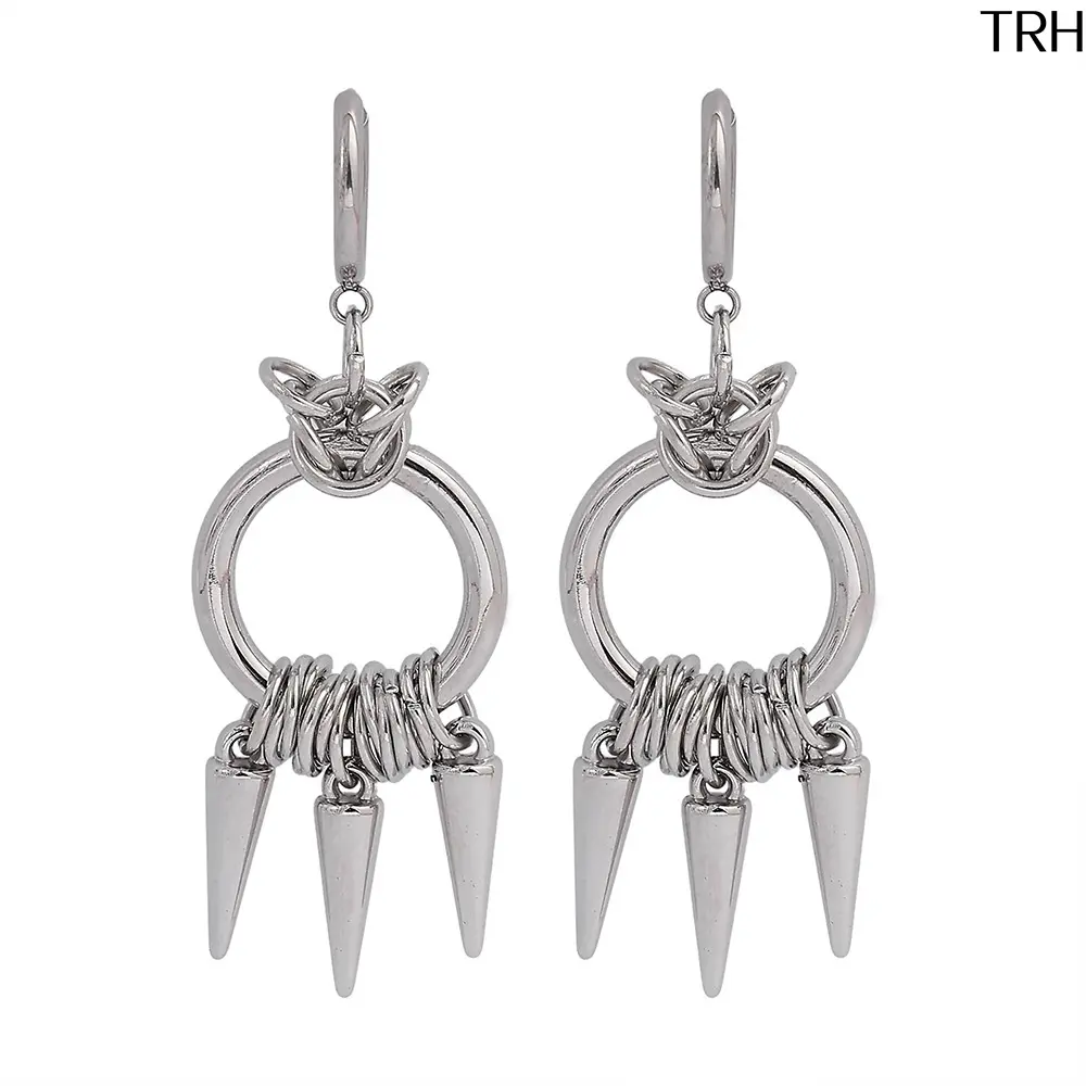 Gothic Punk Women Huggie Drop Earrings, Stainless Steel Silver Tone Interlocked Double Ring Spike Cone Rivet Dangle Earrings, Polished Anti-Tarnish Edgy Statement Jewelry for Concert Streetwear Halloween Party Daily Styling