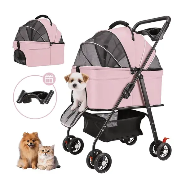 3-in-1 Foldable Portable Puppy Stroller & Pet Emergency Carrier for Small Dogs & Cats - Lightweight, Shock Absorption, Detachable Carrier, Large Storage Basket, Gray Cup Holder, Shopping Function, Durable Fabric & Metal Frame, 360° Rotating Premium Wheels