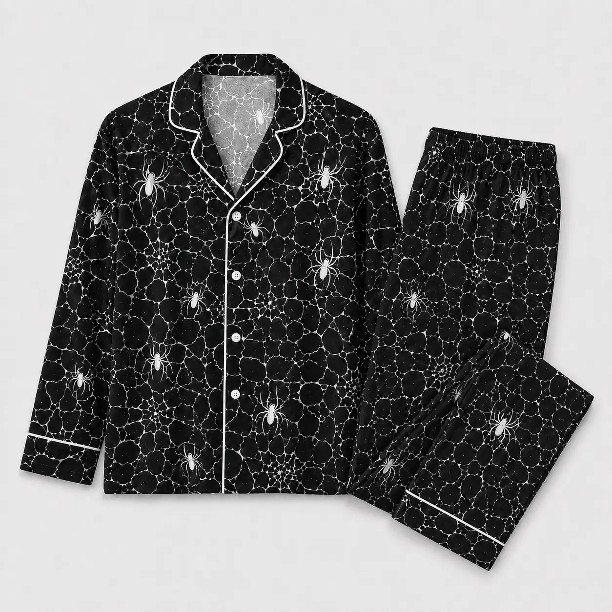 Halloween Spider Web Pajama Set for Men & Women, Black Long Sleeve Button Down Sleepwear with Matching Pants, Gothic Couple PJs, Cozy Fall Loungewear