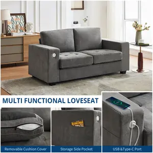 Modern Chenille Loveseat Sofa for Living Room – Deep Seat, USB & Type-C Charging, Removable Cushion Covers, Side Pocket, Sturdy Wood Frame, Comfortable Couch – Grey