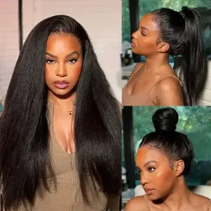 Human Hair 360 Hd Lace Frontal Wigs 250% High Density Kinky Straight Wigs Brazilian High Ponytail Yaki Straight Glueless Wigs For Women Beginner Friendly Pre Cut Pre Plucked Wear And Go Wig