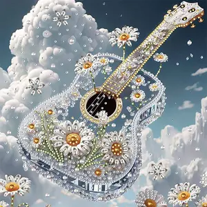 Beginner & Adult DIY Diamond Painting Kit, Diamond Painting For Beginners, Daisy Jewelry Embellished Guitar Design, Partially Coated Art Craft, Home Wall Decor, Unframed, 30x30cm