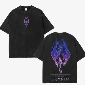 Retro Skyrim Logo Vintage Wash T-Shirt, Unisex Oversized Acid Wash Lightweight Cotton Graphic Tees T-Shirt for Game Fans, Men Gifts ILE
