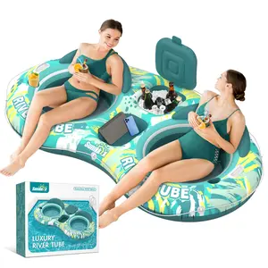5-in-1 Pool Floats Adult Heavy Duty River Tube, 2 Person Water Lounge with Backrests, Built-in Cooler, Cup Holders, Deluxe Pool Float for Summer Relaxation Inflatable Floater Swimming Floater Portable
