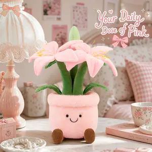 Smilebella 14" Cute Pink Lily Flower Plushie - Cozy Floral Stuffed Plant Toy for Desk Decor, Soft Girl Room Aesthetic, Everlasting Potted Plush Gift