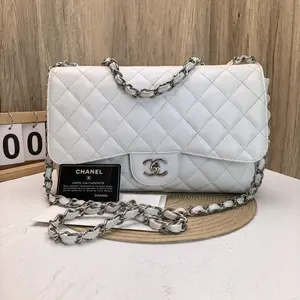 Pre-owned CHANEL CF Jumbo Bag in White Caviar Leather with Silver Tone Hardware 866