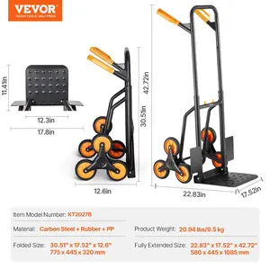 VEVOR Stair Climbing Cart, Alloy Steel 440 lbs Capacity Stair Climber Hand Truck and Dolly, Heavy-Duty Folding Trolley Cart with Dual Handle, 6 Wheels & 2 Elastic Ropes for Home Office Shopping Moving Warehouse