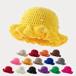 Solid Color Handmade Knitted Hat Bohemian Style Hollow Pleated Hat Sun Hat Ruffled Pullover Hat Casual Cute Elegant Vintage Street Style Polyester Knitted Hat