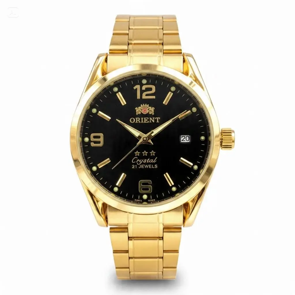 Double Lion Men's Automatic Mechanical Watch 21-jewel movement, luminous hands, night visibility, water resistant, date display, battery-free, gold-tone stainless steel bracelet, black dial