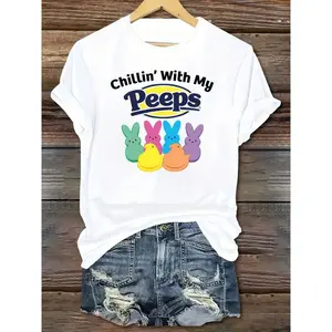 [100% Cotton] Women'S Easter Bunny Graphic T-Shirt - Casual Crew Neck Short Sleeve T-Shirt With "Chilling With My Friends" Printed Spring Summer Green Polyester Blend Top T-Shirt For Men And Women graphic t-shirts