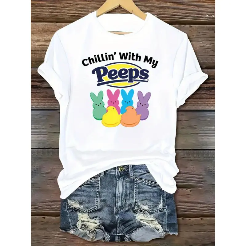 [100% Cotton] Women'S Easter Bunny Graphic T-Shirt - Casual Crew Neck Short Sleeve T-Shirt With "Chilling With My Friends" Printed Spring Summer Green Polyester Blend Top T-Shirt For Men And Women graphic t-shirts