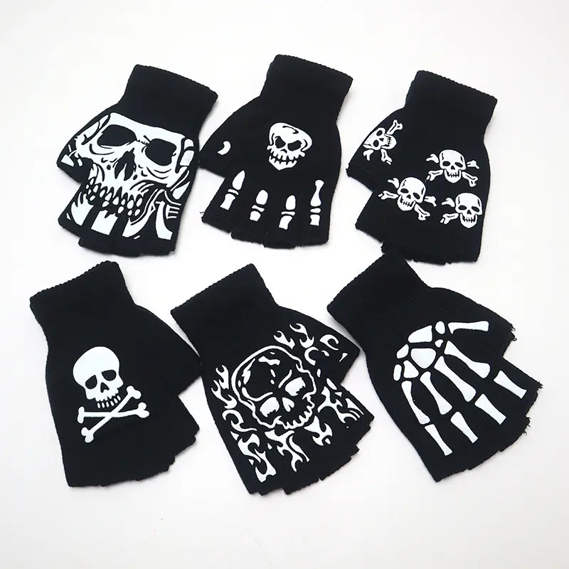 1 Pair/3 Pair Skull Fingerless Gloves, Halloween Skeleton Hand Gloves for Men Women, Gothic Punk Costume Accessories, Black Half Finger Gloves for Party Cosplay Motorcycle Cycling