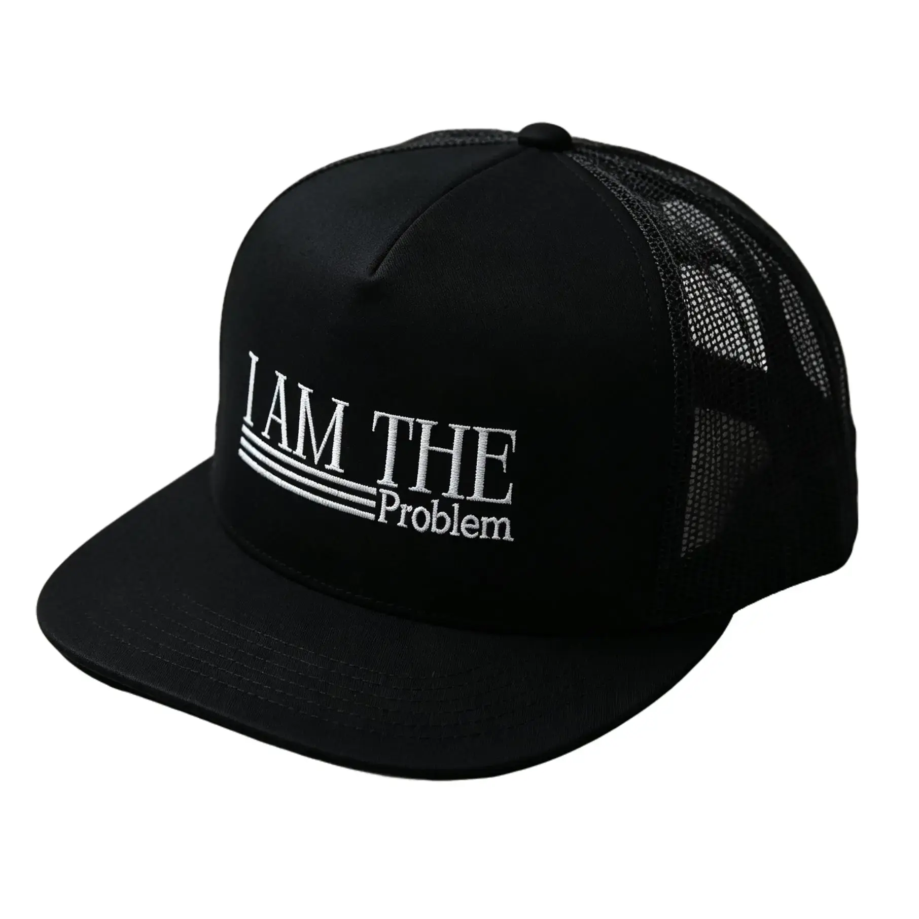 Unisex Streetwear Cotton Mesh Trucker Hat, Flat Bill Snapback with 'I AM THE Problem' Embroidered Statement Slogan, for Hip Hop Casual Wear