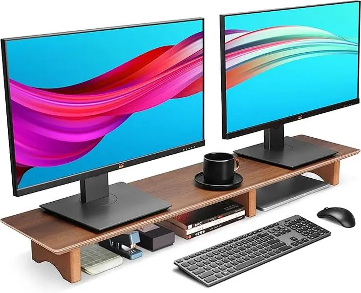 Aothia Large Solid Wood Dual Monitor Stand Riser with Eco Cork Legs, Ergonomic Desktop Organizer with Under Storage for Laptop, Monitor, PC, TV & Office Supplies