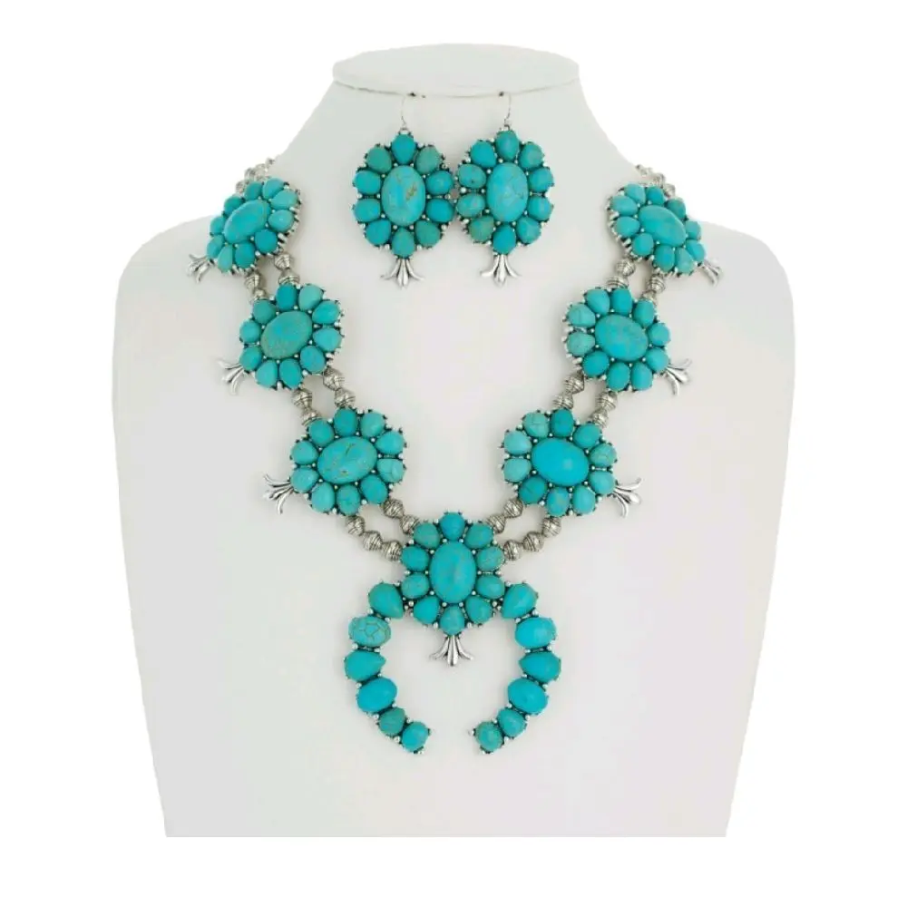 Western Navajo Floral SQUASH Blossom Necklace Earring Set with Turquoise Stones and Silver Accents
