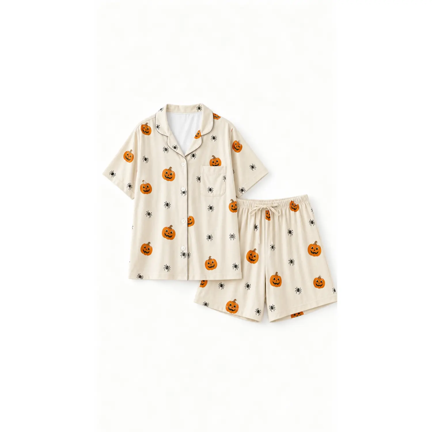 Halloween Pumpkin Spider Print Short Sleeve Button Up Pajama Set, Collared Sleepwear Top and Elastic Waist Shorts, Two Piece Lounge Outfit