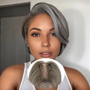 Dark Grey Hair Human Hair Toppers for Women Hair Toppers Pieces Human Hair 4.3x3.2 Inch 27G Add Hair Volume Cover  10 Inch Straight Hair Toppers for Women with Thinning Hair Middle Part Swiss Lace Base Clip in Hair Topper extension
