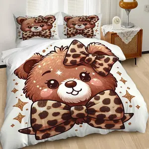 2/3Pcs Whimsical Bear Duvet Cover Set, Cute Cartoon Style Bedding Set with Leopard Print Bows, Cozy and Playful Bedroom Decor for Kids, Perfect for Adding Fun and Charm! Includes 1 or 2 Pillowcase - No filling/Zipper Closure