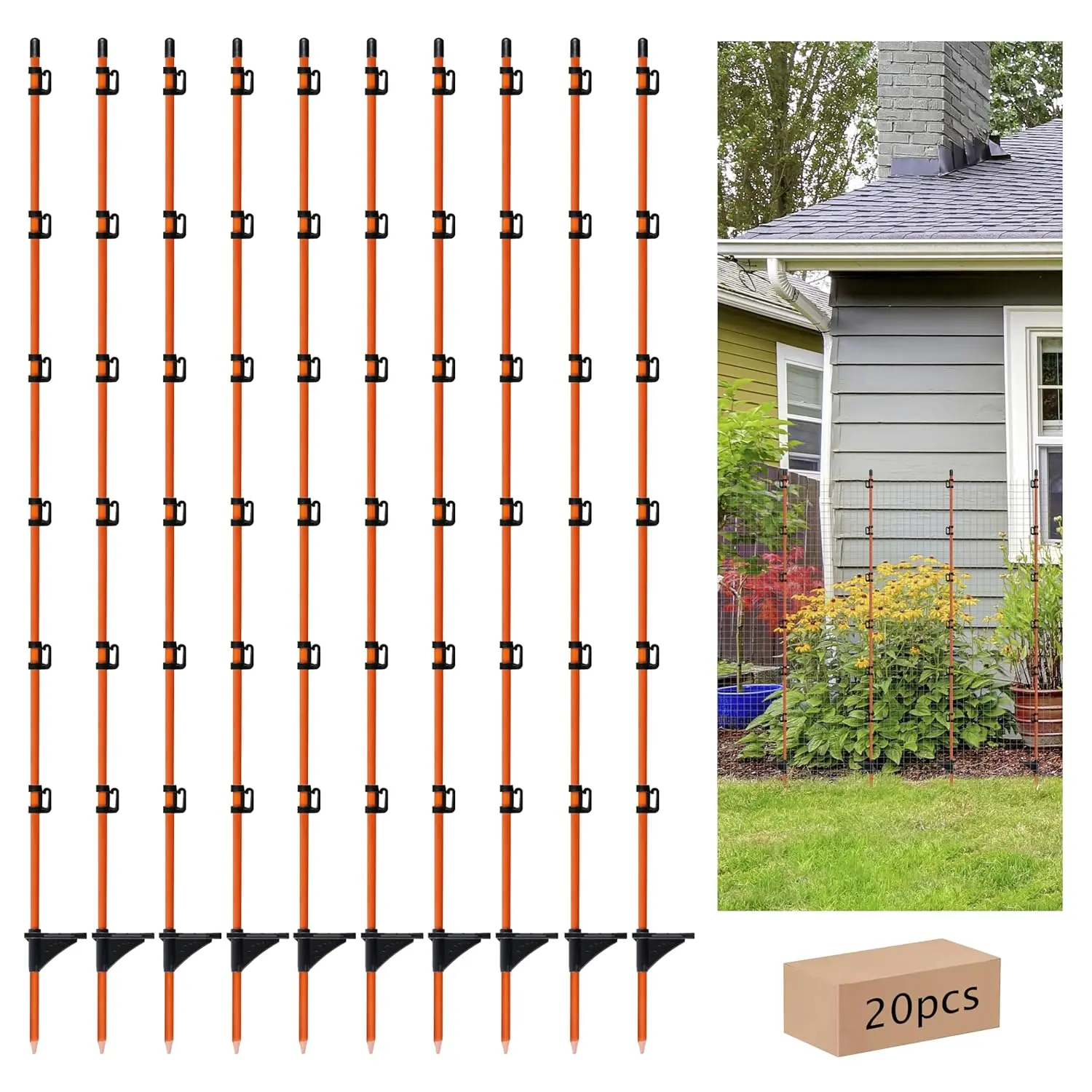 [Summer Sale Deals] 45 Inch Fiberglass Step-in Electric Fence Post, 20 Pcs Temporary Fence Stakes with Clips for Cows, Sheep and Animals Fence, Garden Protection Pole for Livestock Control (20)