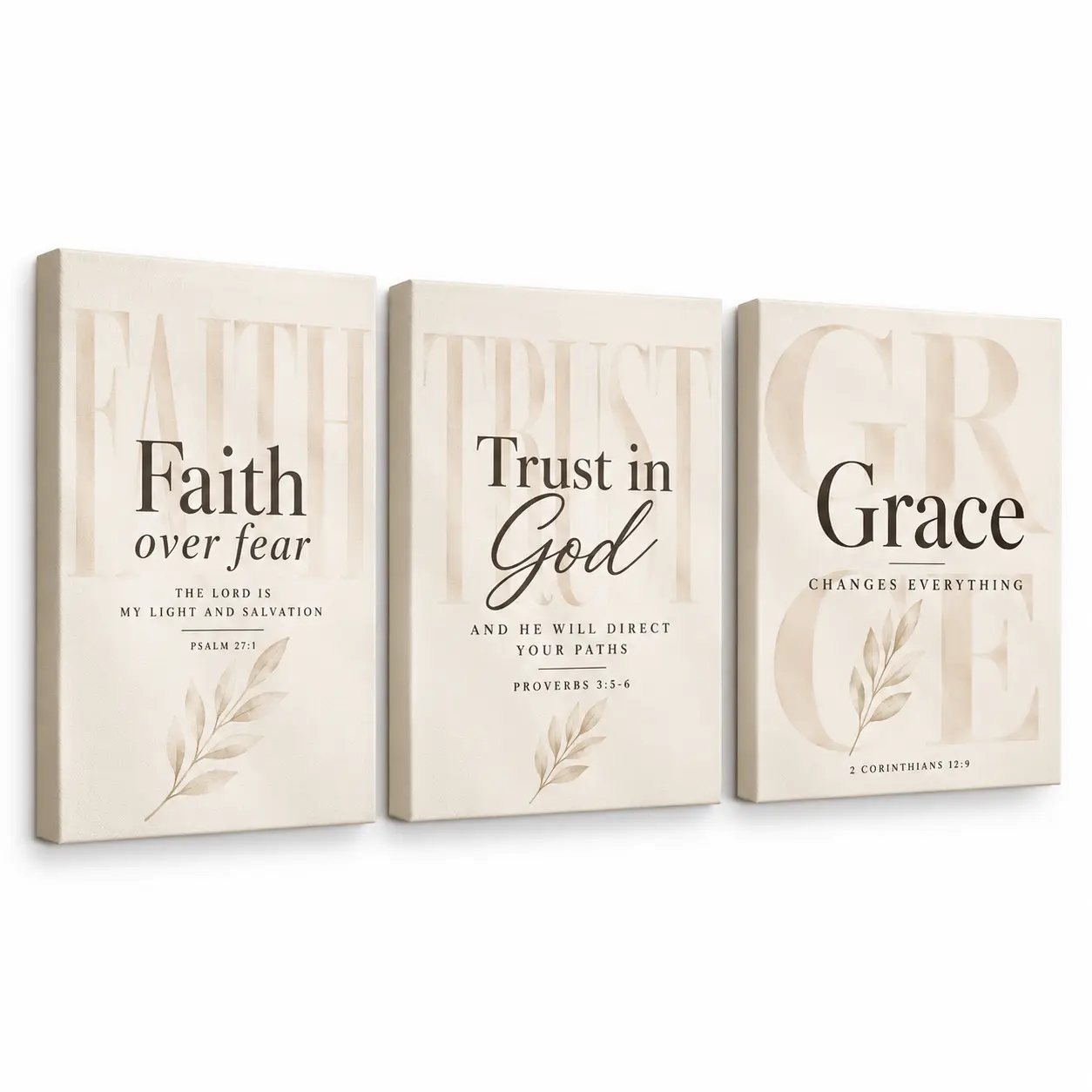 Christian Wall Art Set of 3, Faith Over Fear Trust in God Grace Bible Verse Canvas Prints, Neutral Inspirational Wall Decor for Bedroom, Living Room, Office & Home