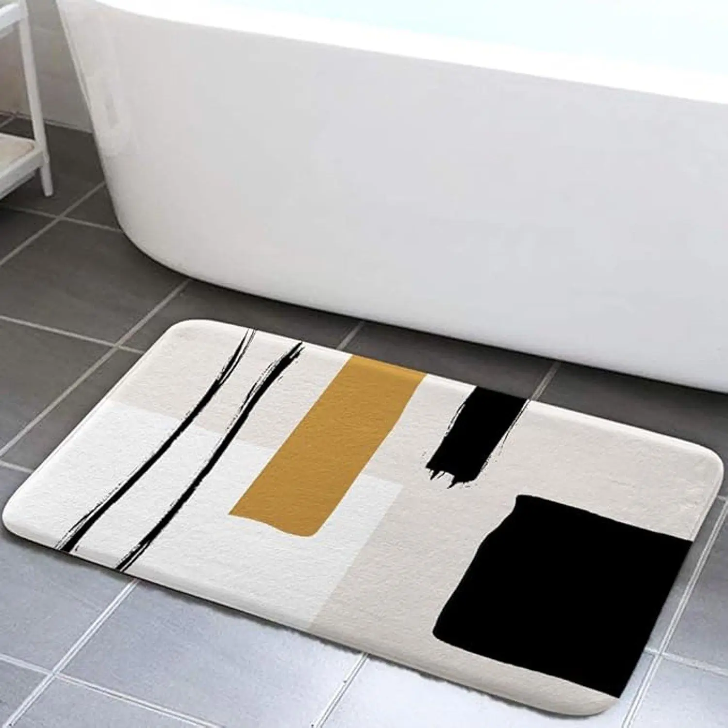 Modern Bath Mat for Bathroom - Flannel Fabric, Geometric Shapes, Minimalist Black and White, Multi-Size Floor Rug for Floor Area, Easy Washing