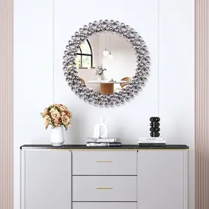 SHYFOY Round Mirror for Wall Decor, Large Wall Mirrors with Luxury Jeweled Decorative Mirror Circle Accent Mirror for Living Room Decor Crystal