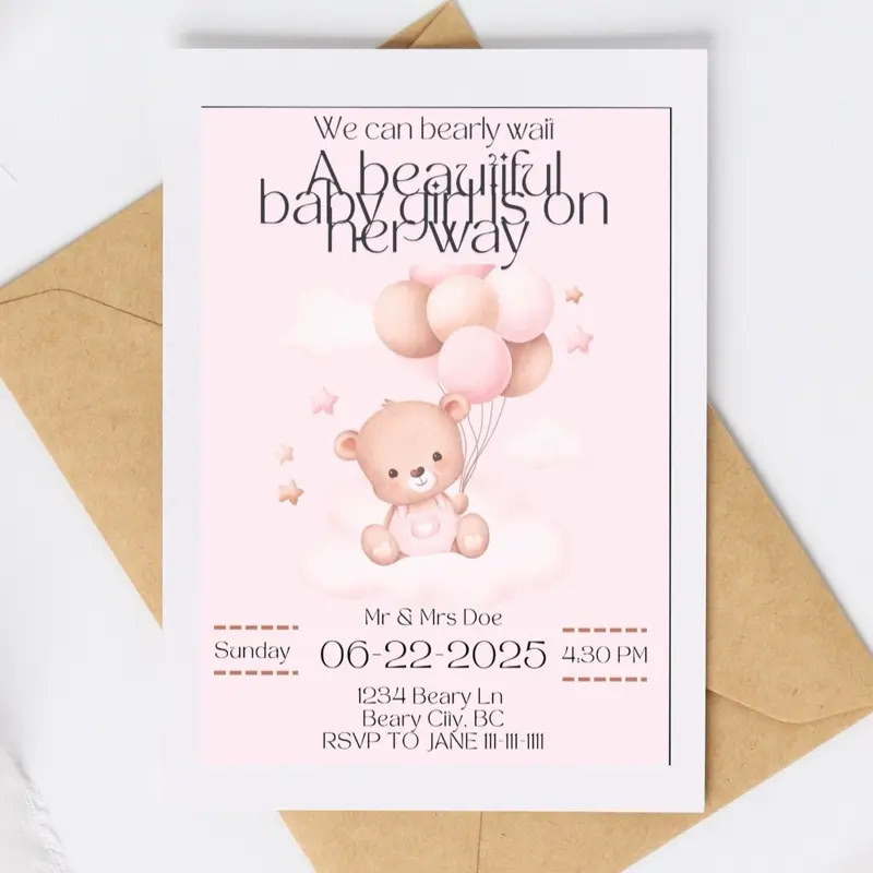 We Can Bearly Wait Baby Girl Invitation