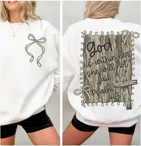 God is Within Her She Will Not Fail Bible Verse 2 Sided Sweater, Camo Coquette Bow Tee, Psalm 46:5 Camoflauge Gifts