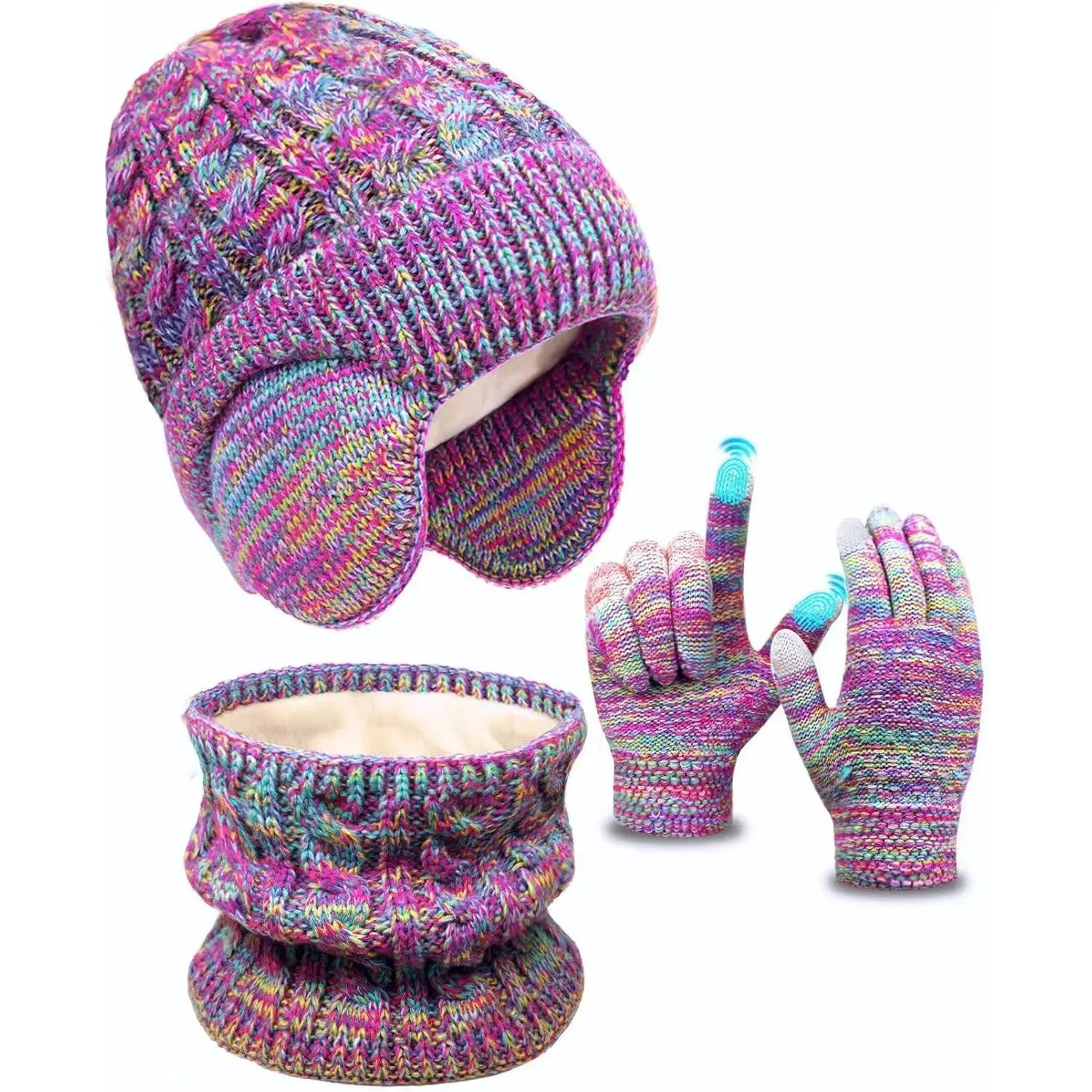 Kids Winter Hat Scarf and Gloves Set, 3-Piece Fleece Lined Knit Beanie with Earflaps, Neck Gaiter and Touchscreen Mittens for Boys & Girls Ages 4-12, Christmas, Birthday, Polyester, Skiing, 1 Pair Of Gloves, 3-In-1 Kids Winter Warmer Set, 4-12 Years, 1 Pi
