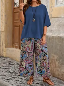 EMERY ROSE Plus Size Holiday Casual Solid Color Top And Paisley Print Pants 2 Pieces Set,Holiday Outfits Boho