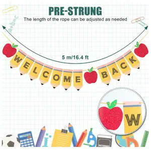 Pre-Strung Back to School Banner Decorations Sign Garland Breakfast Decor, Apple Pencil First Day of School Classroom Decorations Party Supplies, 1st Teacher Banners for Classroom Home