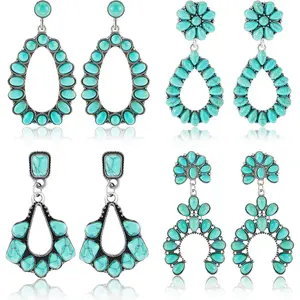 Turquoise Earring 4 Pairs Western Earrings for Women Bohemian Oval Dangle Metal Earrings Vintage Statement Teardrop Country Jewelry(Classic Style)