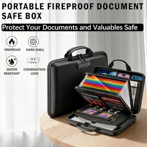 Fireproof file storage box, lock, hard shell fireproof file box, organ file bag with 13 pockets, portable home office travel safety storage box, suitable for important documents.