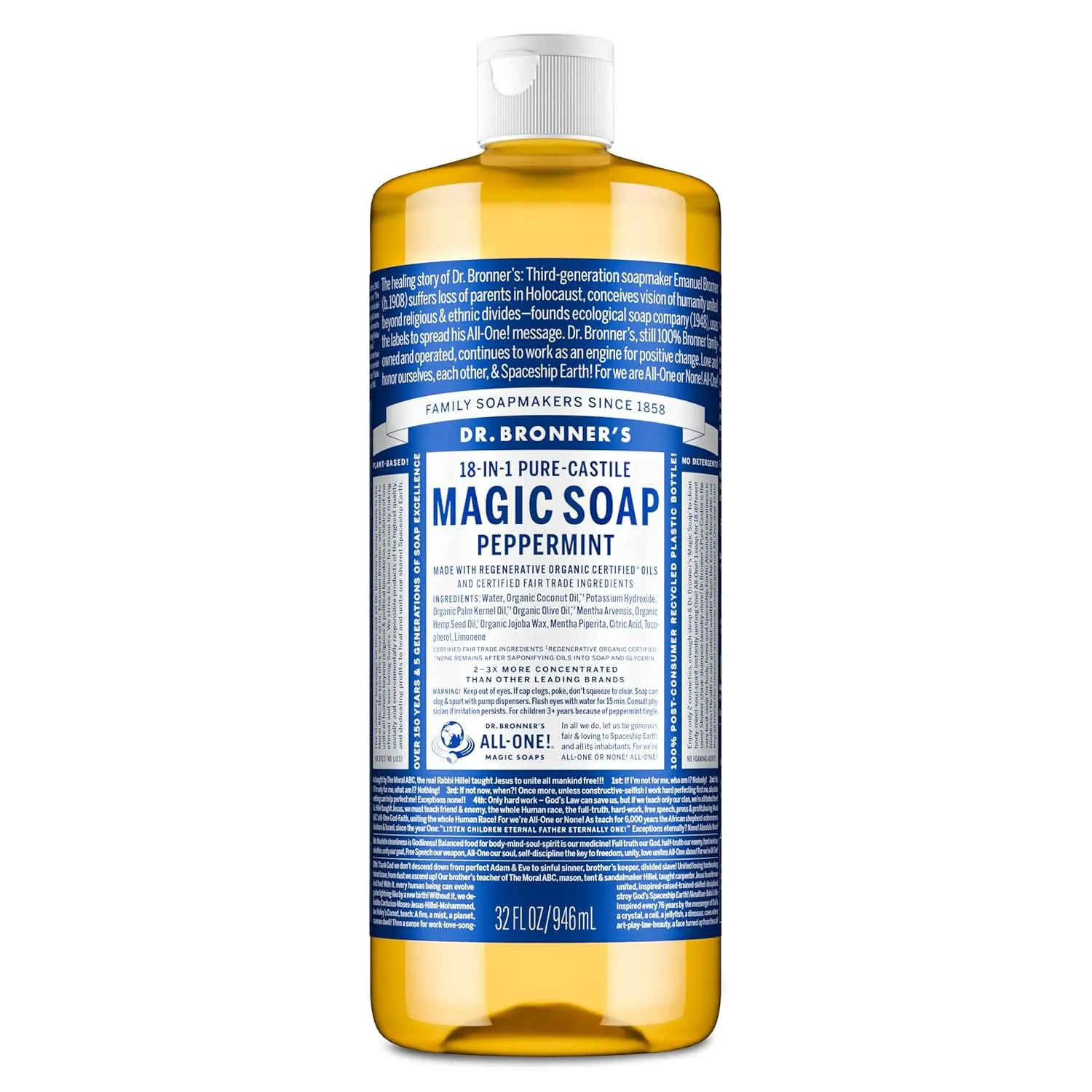 Dr. Bronner's Peppermint Pure-Castile Liquid Soap, Hand Soap, 32 oz | 18-in-1 Uses: Body Wash & Hand Soap for Men and Women, Shampoo, Face, Laundry, Floors, Cars, Pets - Fair Trade & Organic Oils